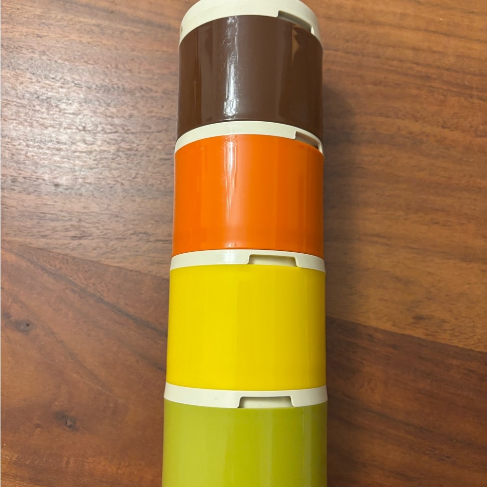 Tupperware Stackable spice Tower in Brown, Orange, Yellow, Green. Vintage 1970’s